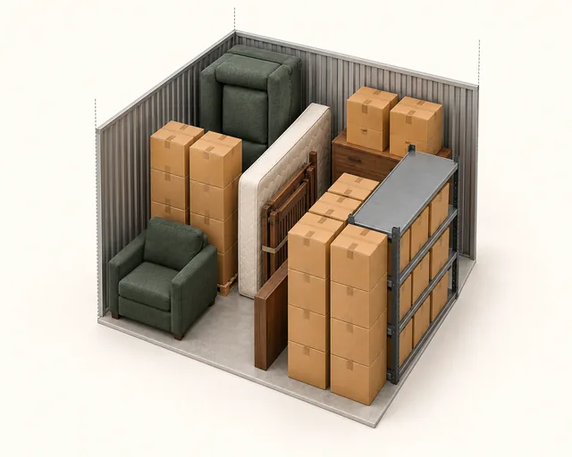 10 by 10 foot storage illustration with household furniture, an upright mattress, shelving and moving boxes