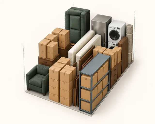 10 by 15 foot storage illustration densely packed with furniture, mattresses, appliances and boxes