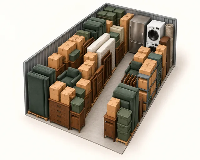 10 by 20 foot storage illustration with a dense household load and a narrow center walking path