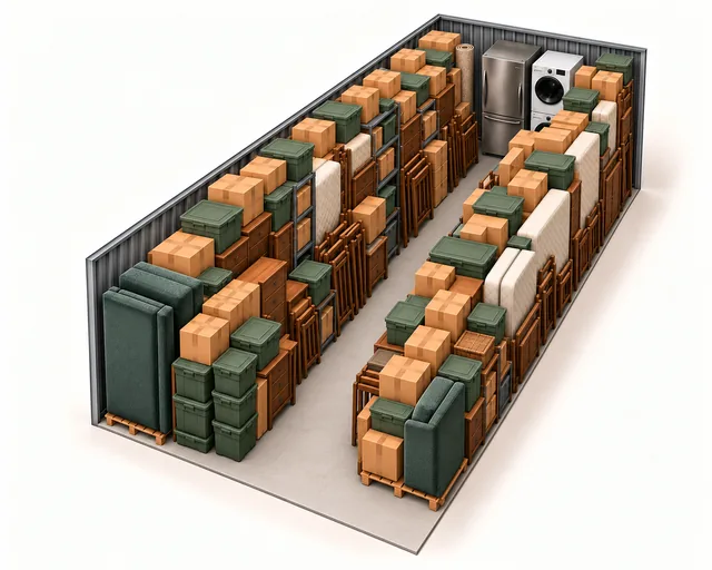 10 by 25 foot storage illustration with packed furniture, shelving and boxes on both sides of a narrow aisle