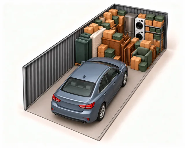 10 by 30 foot storage illustration with a sedan near the opening and household goods packed at the far end