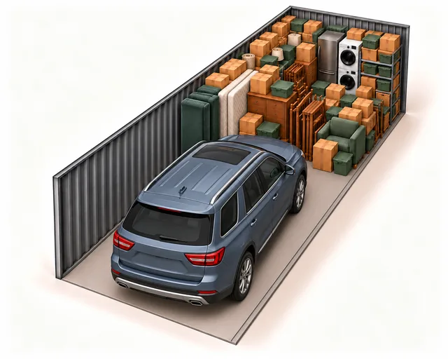 10 by 35 foot storage illustration with an SUV near the opening and furniture and boxes at the far end