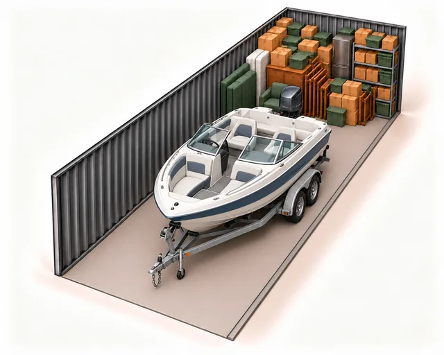 12 by 35 foot storage illustration with a boat and trailer inside the opening and household goods at the far end
