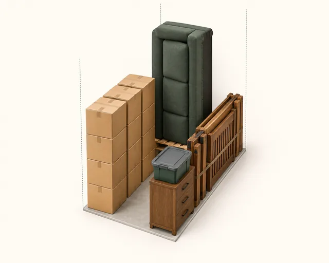 5 by 10 foot storage illustration with an upright sofa, stacked boxes, bed frame parts and a small dresser