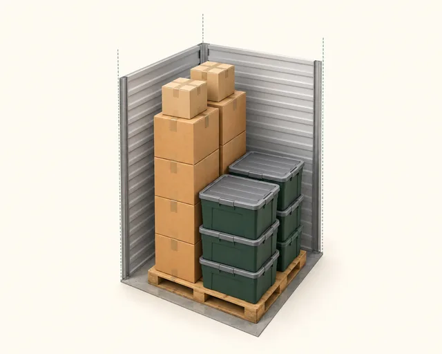 5 by 5 foot storage illustration filled with stacked moving boxes and green totes